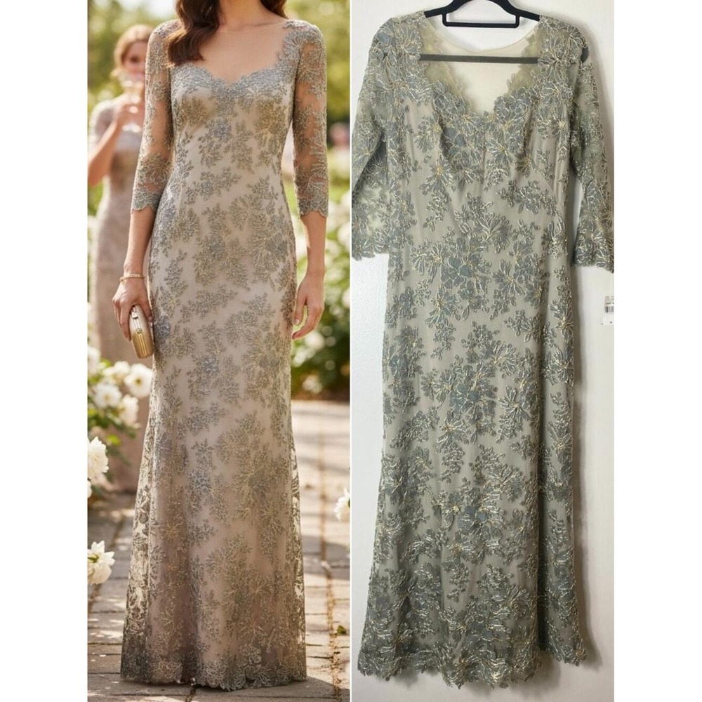 Tadashi Shoji Gown 10 Tan Gray Gold Floral Embroidered Mother of the Bride Dress